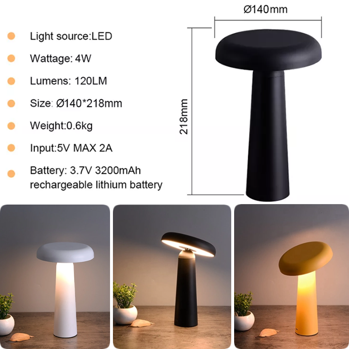 Mushroom LED Table Lamp - Tiltable Lampshade & Stepless Dimmable Touch Control Night Light