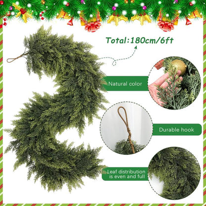 6 FT 2 Pcs Artificial Cedar Garlands, Real Touch Winter Cedar Garland, Green Artificial Greenery Pine Garland for Table, Mantle, Wall, Indoor, Outdoor Christmas Decorations (2, 6 FT)